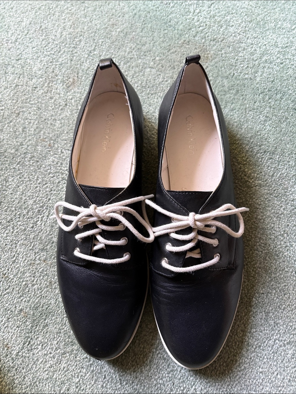 Calvin Klein Black Leather Lace-Up Flats with Cream Laces